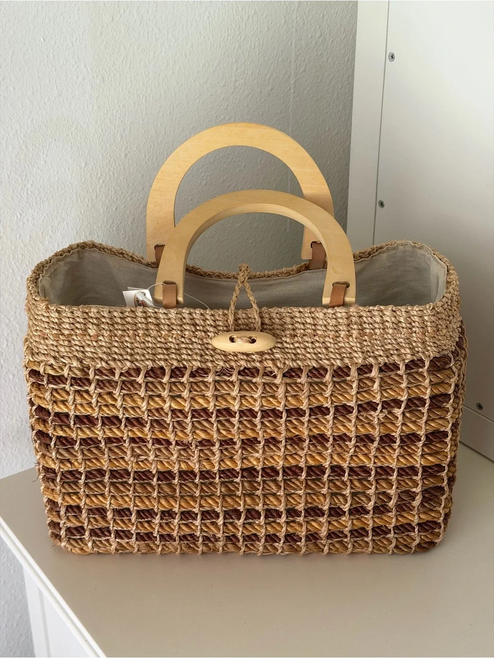 Talbots Woven Straw Tote in Brown and Tan with Wooden Handles - Picture 9 of 9